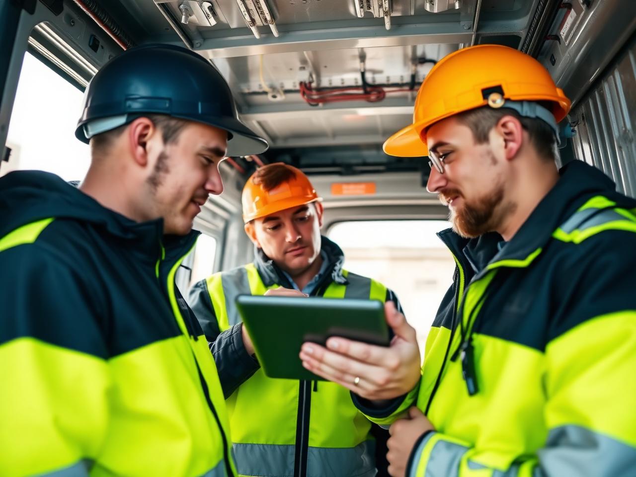 Field crew reviewing a job report on a tablet inside a work van