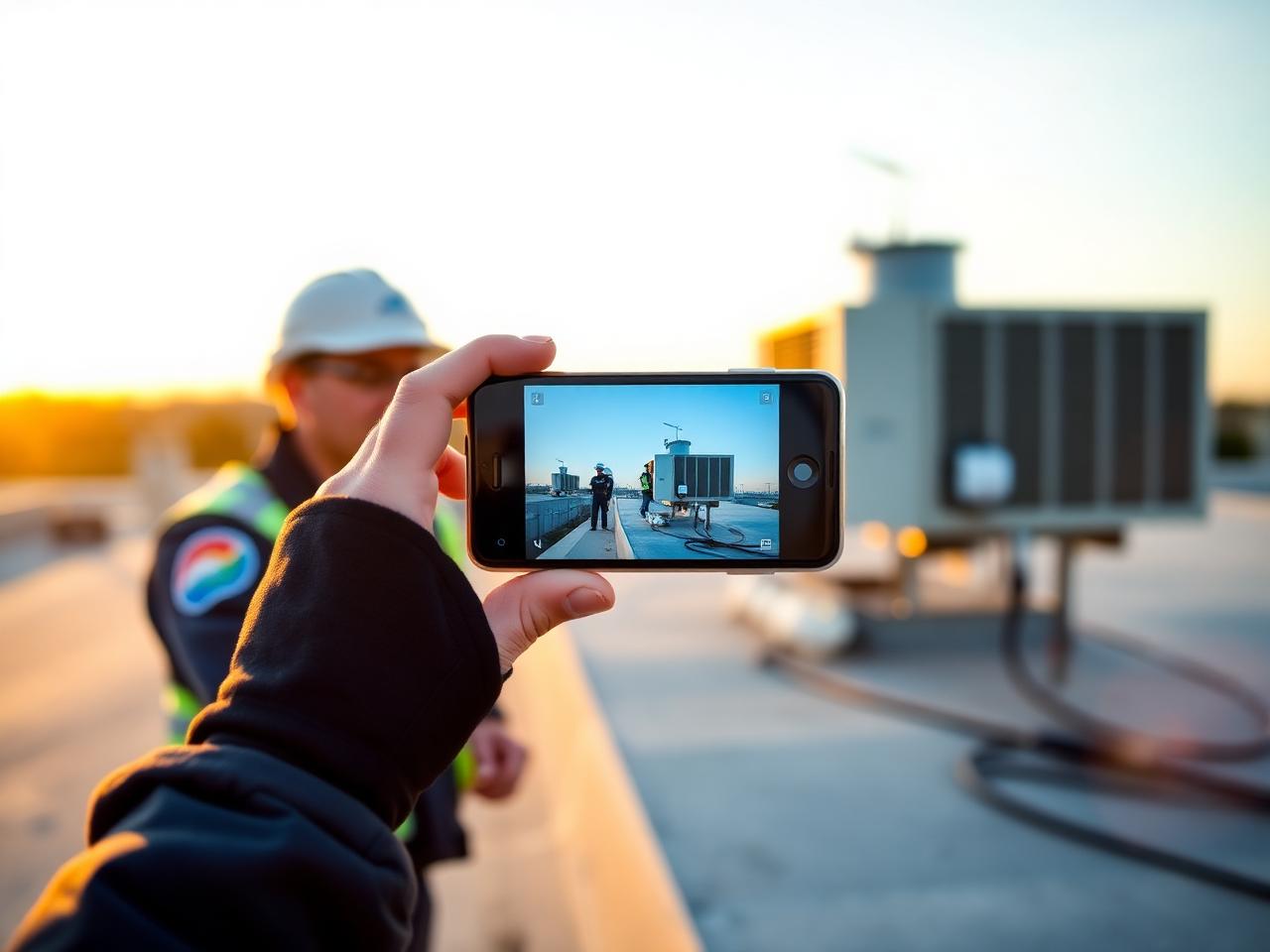 Field technician recording a completed rooftop HVAC installation on a phone